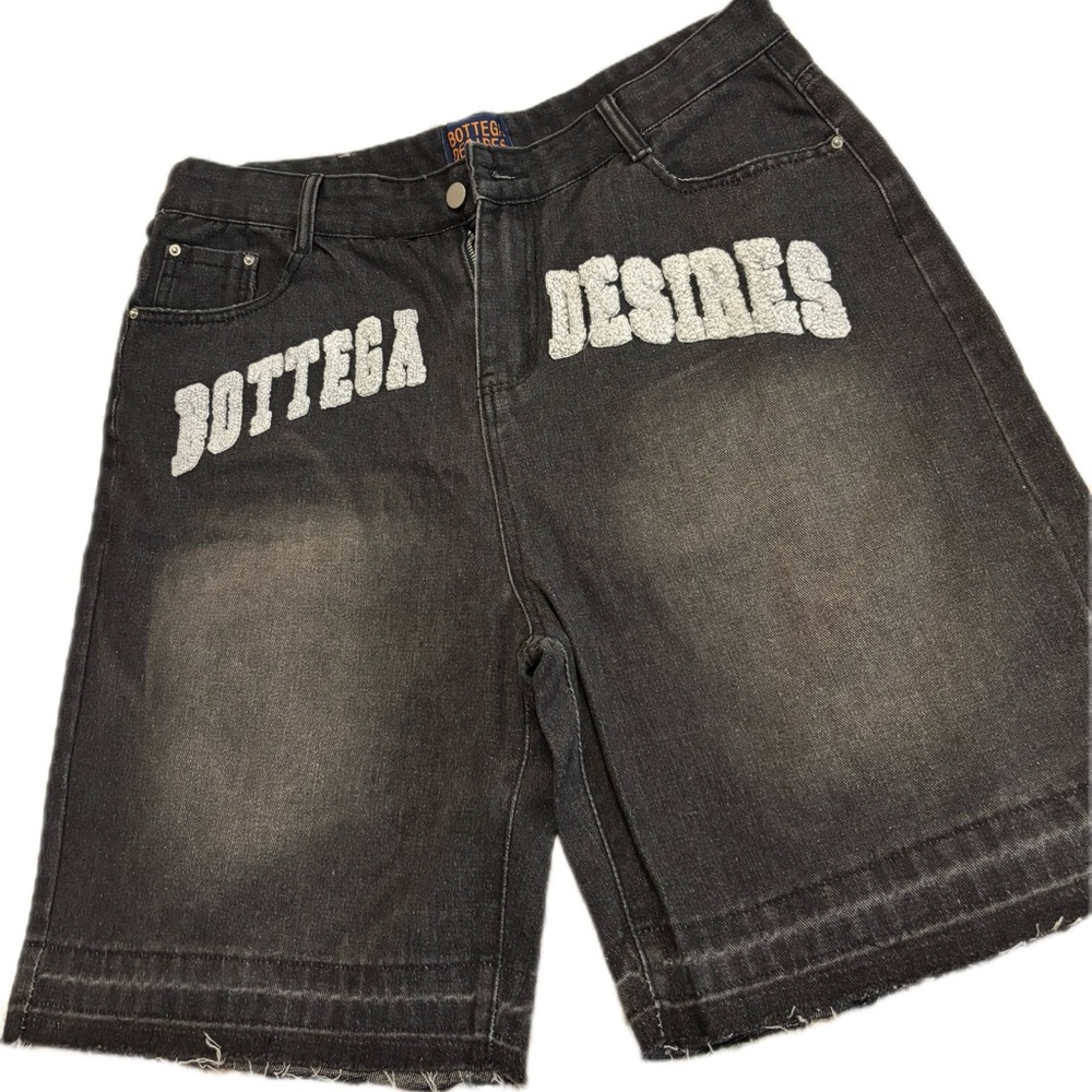 Black Jean Shorts with Raw Hem and Distressed Look
